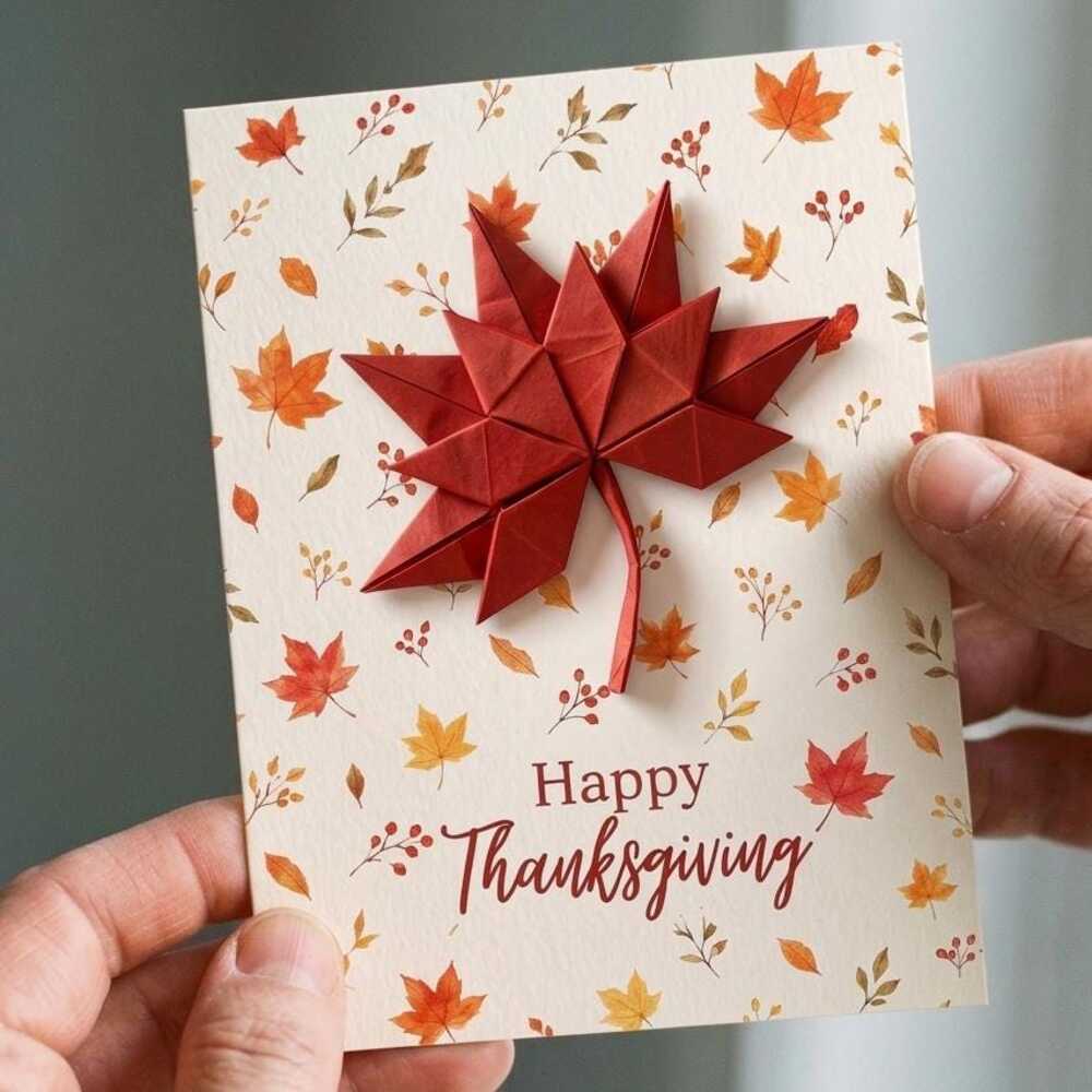 Handmade Maple Leaf Thanksgiving Card 3D Origami Fall Greeting Autumn Thank You